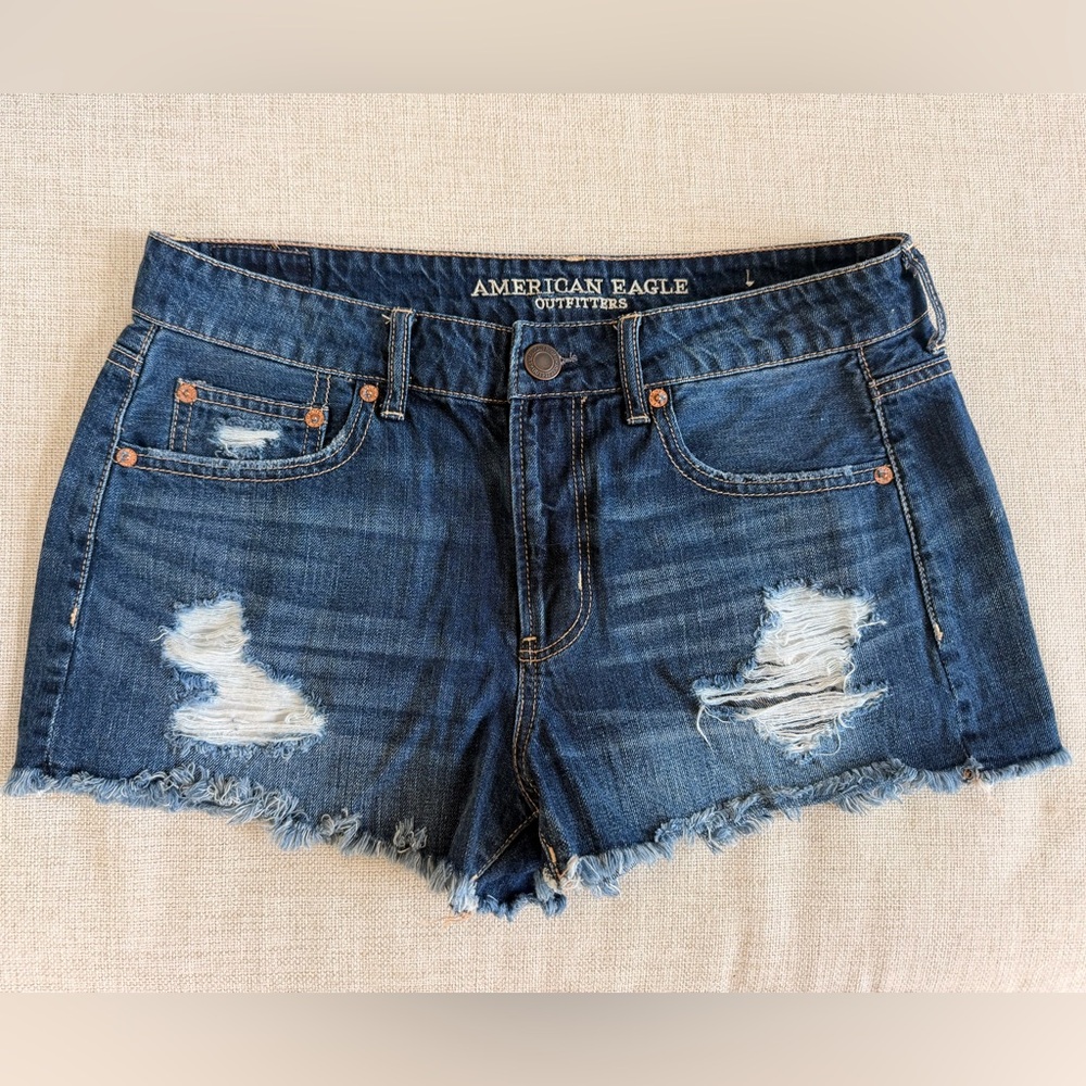 American Eagle Outfitters Dark Blue Distressed Jean Shorts